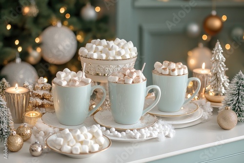 Cozy Holiday Hot Chocolate with Marshmallows in Elegant Blue Mugs by Festive Candlelit Christmas Tree