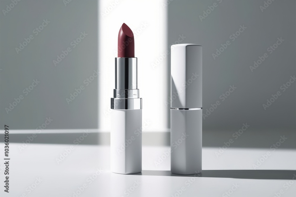 An elegant white and metal lipstick case, the cap is placed nearby and the neutral background creates a sophisticated look An elegant white and metal lipstick case, the cap is placed nearby and the neutral background creates a sophisticated look
