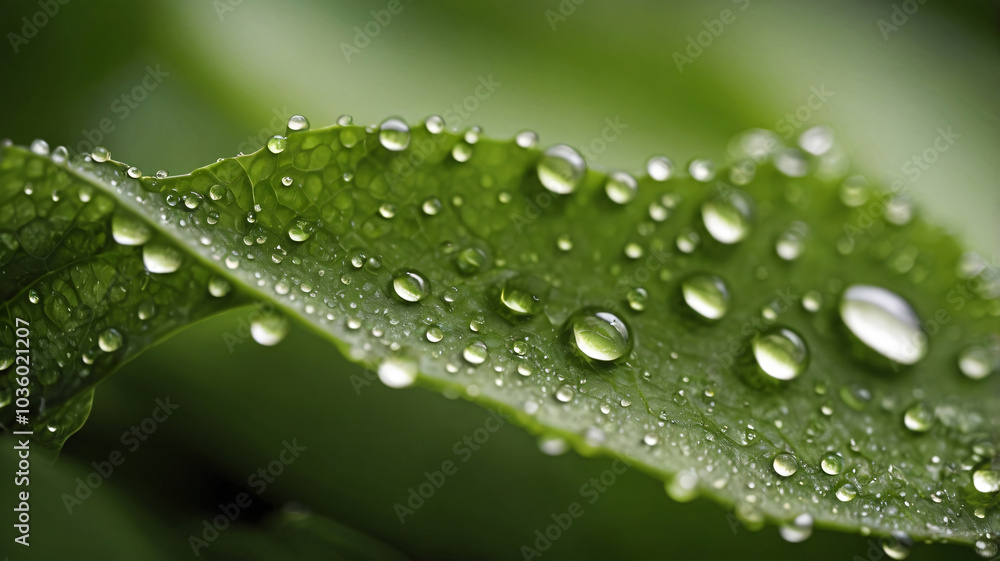 Beautiful details of nature. Morning dew drops on fresh green leaf. Summer nature macro pattern Beautiful details of nature. Morning dew drops on fresh green leaf. Summer nature macro pattern