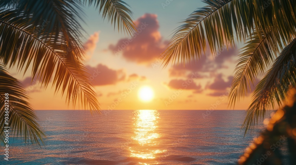 Palm tree leaves frame a vibrant sunset over the ocean. The sun casts a warm glow on the water, creating a sense of tranquility. Palm tree leaves frame a vibrant sunset over the ocean. The sun casts a warm glow on the water, creating a sense of tranquility.
