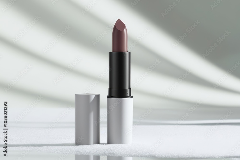 Matte lipstick in a sleek case with soft shadows, perfect for minimalist beauty product branding Matte lipstick in a sleek case with soft shadows, perfect for minimalist beauty product branding