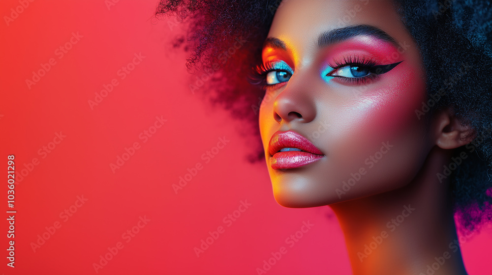 Obraz premium Black woman with animalistic Halloween makeup. Banner with copy space