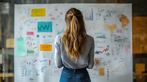 Wallpaper Mural A woman stands in front of a white board with a lot of graphs and charts Torontodigital.ca