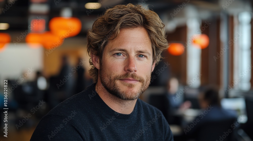 A photograph of a distinguished man with wavy hair and a beard, wearing a dark outfit, confidently posing in a modern, softly illuminated office environment A photograph of a distinguished man with wavy hair and a beard, wearing a dark outfit, confidently posing in a modern, softly illuminated office environment