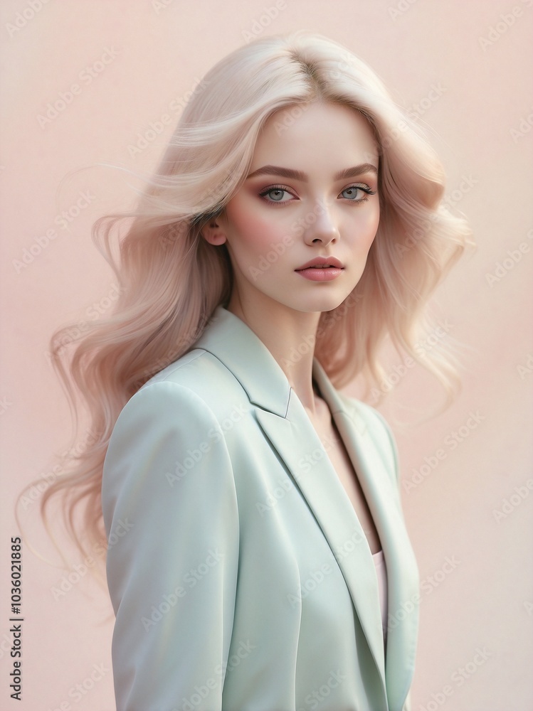 Blonde woman in pastel green blazer with confident expression Blonde woman in pastel green blazer with confident expression