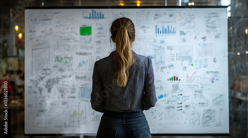 A woman stands in front of a large white board with many graphs and charts photo