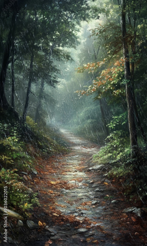 Obraz premium Rainy forest path through misty woods.