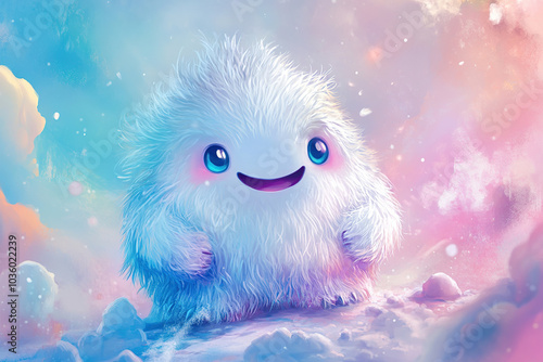 Illustration of funny cartoon yeti monster on colorful background. Halloween holiday