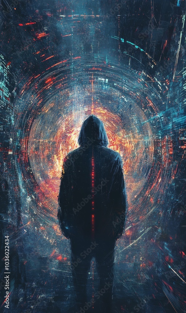 Hooded figure stands before a glowing portal. Hooded figure stands before a glowing portal.