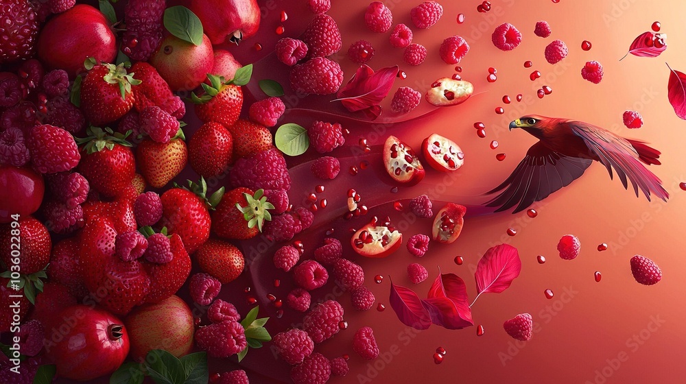 A bird soaring above juicy fruit on a blush pink and scarlet backdrop, with raindrops on the fruit A bird soaring above juicy fruit on a blush pink and scarlet backdrop, with raindrops on the fruit