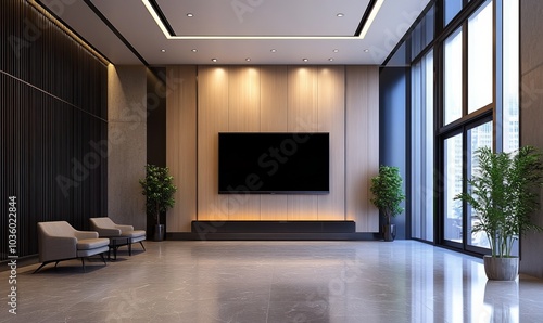 Wallpaper Mural Modern minimalist office aesthetic large TV screen wall mounting technology innovation concept upscale corporate lobby design cool calm serene focus attention grabber statement piece center attraction Torontodigital.ca