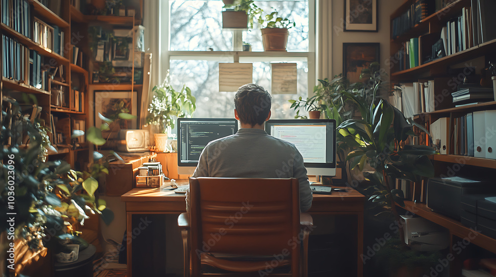 A man is sitting at a desk with two computer monitors A man is sitting at a desk with two computer monitors