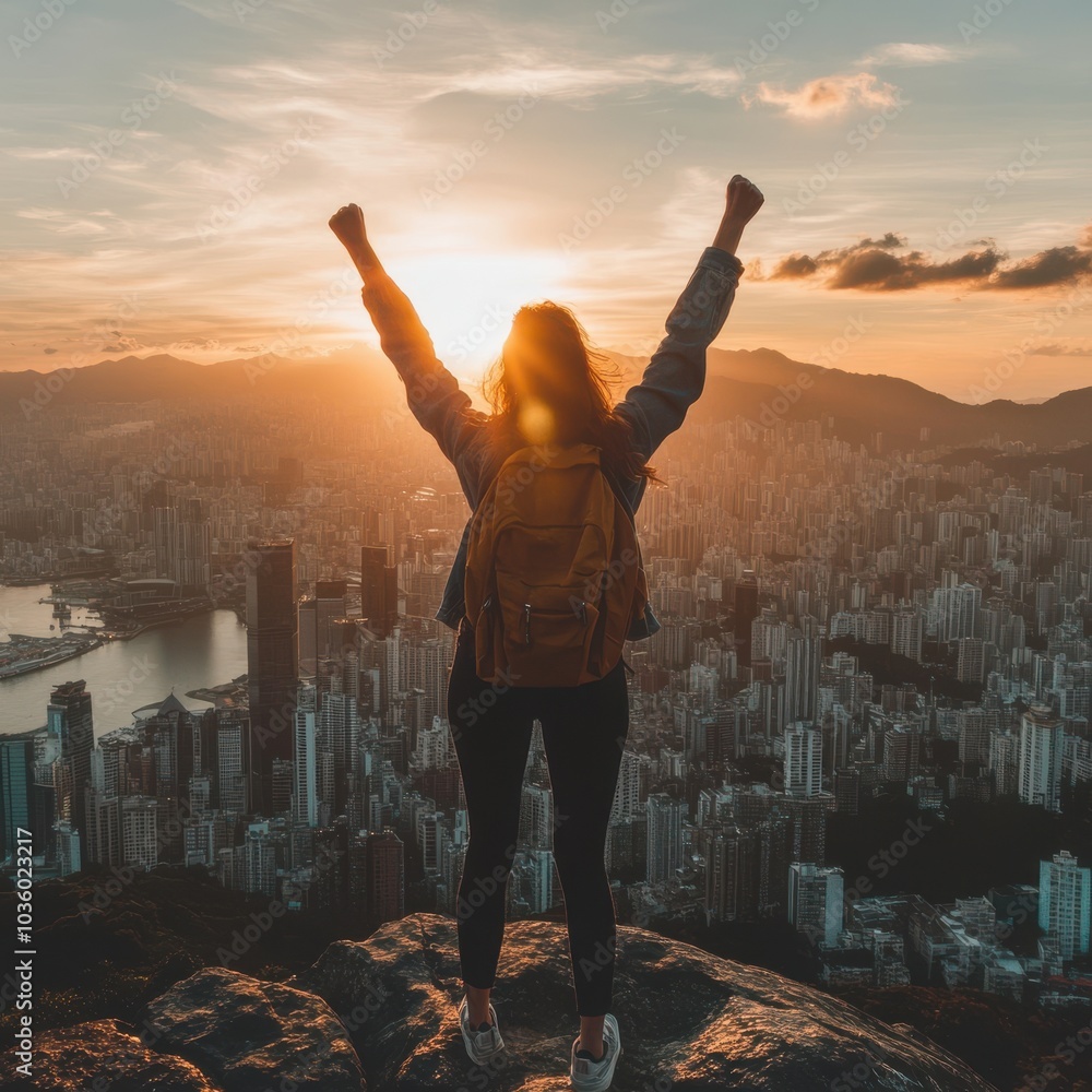A woman celebrates at sunset on a mountain overlooking a vibrant city skyline, embracing adventure and freedom. A woman celebrates at sunset on a mountain overlooking a vibrant city skyline, embracing adventure and freedom.