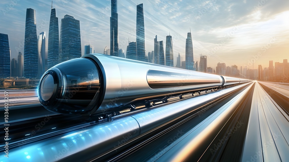 Futuristic Hyperloop Transportation System in a Modern Cityscape Futuristic Hyperloop Transportation System in a Modern Cityscape