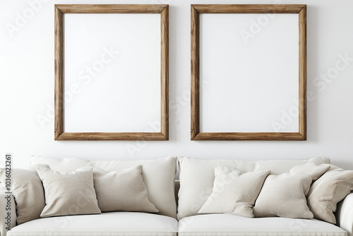 Two wooden mock up frames on the wall in a modern luxury minimalist living room