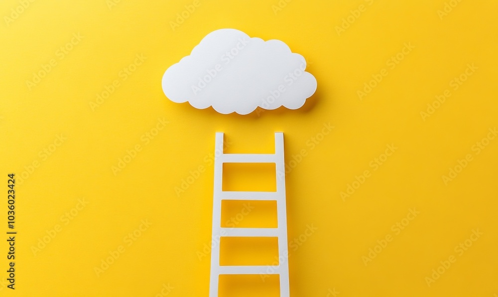 Ladder leading to white paper cut cloud over yellow background, success, achievement or career opportunity concept Ladder leading to white paper cut cloud over yellow background, success, achievement or career opportunity concept