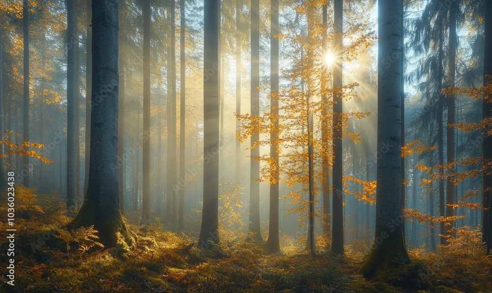 Naklejka premium Spruce forest in autumn with fog against the light, sun shining through the tree trunks, young beech trees with autumn leaves