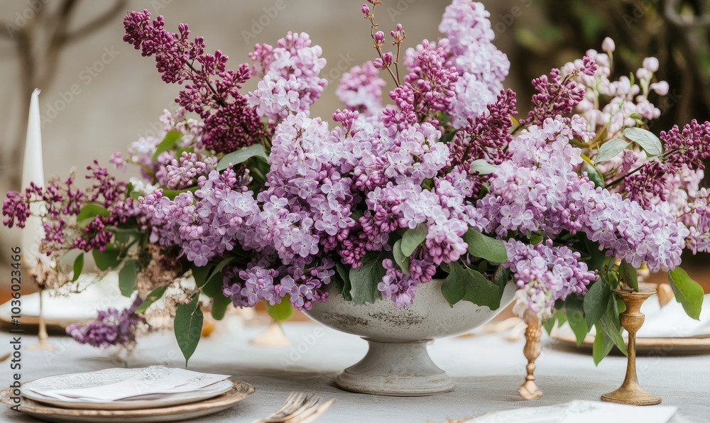 Fototapeta premium Spring wedding centrer piece with purple lilacs