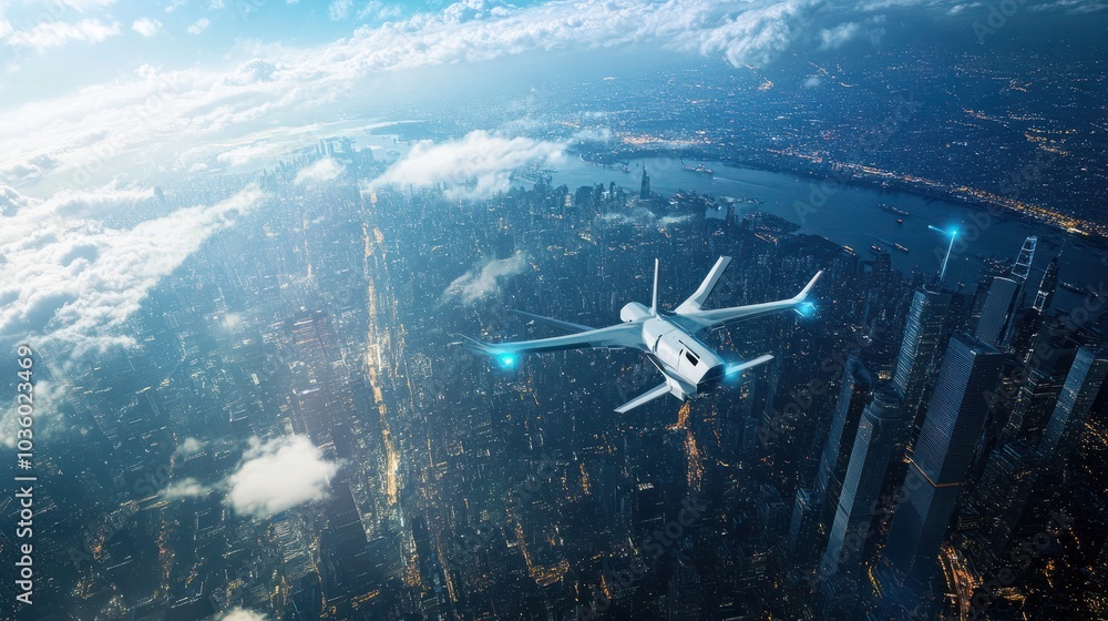 Naklejka premium Stratospheric drone atmosphere with high-tech surveillance, stratospheric drone atmosphere, advanced drone technology and aerial observation