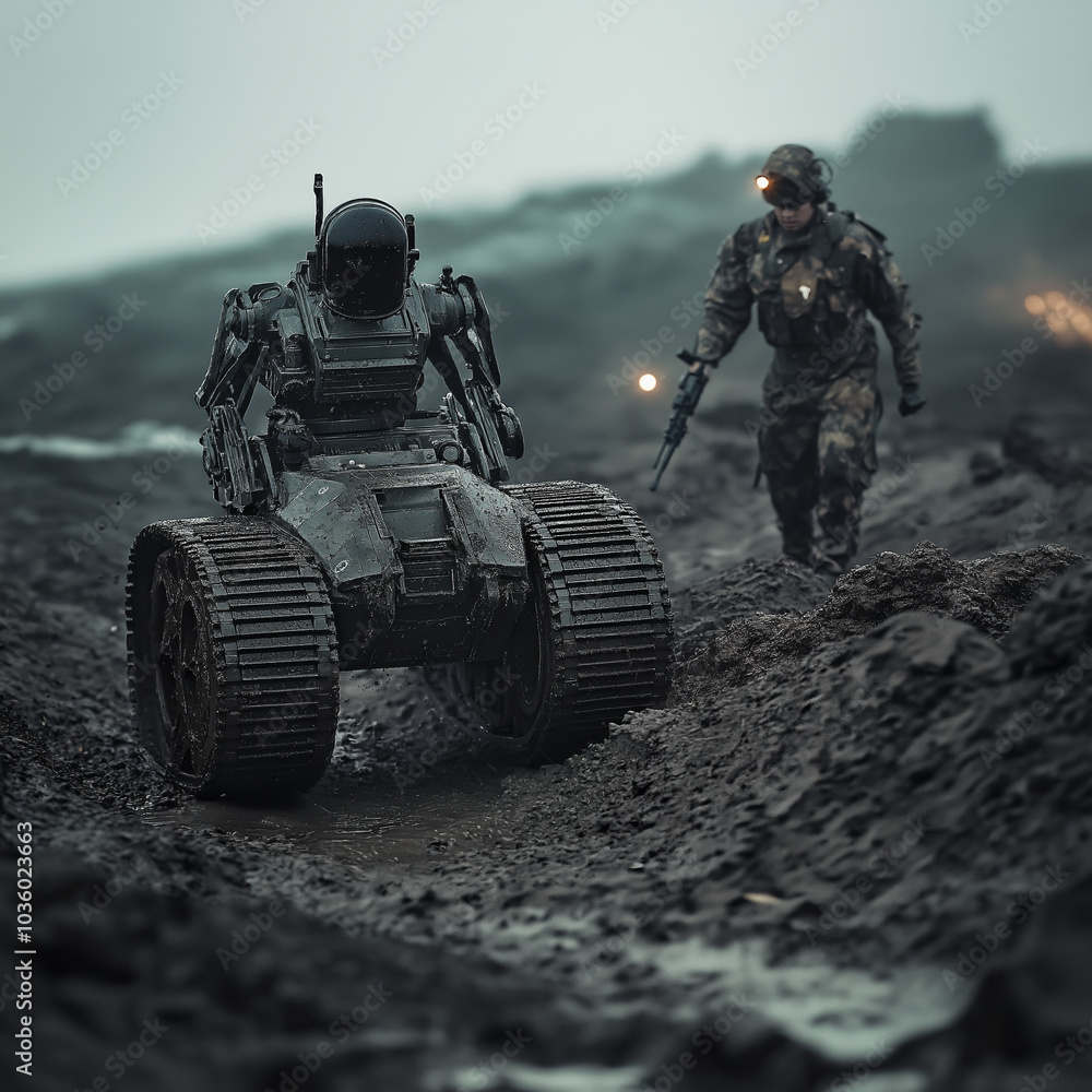 Military robot and soldier in foggy terrain during tactical operation Military robot and soldier in foggy terrain during tactical operation