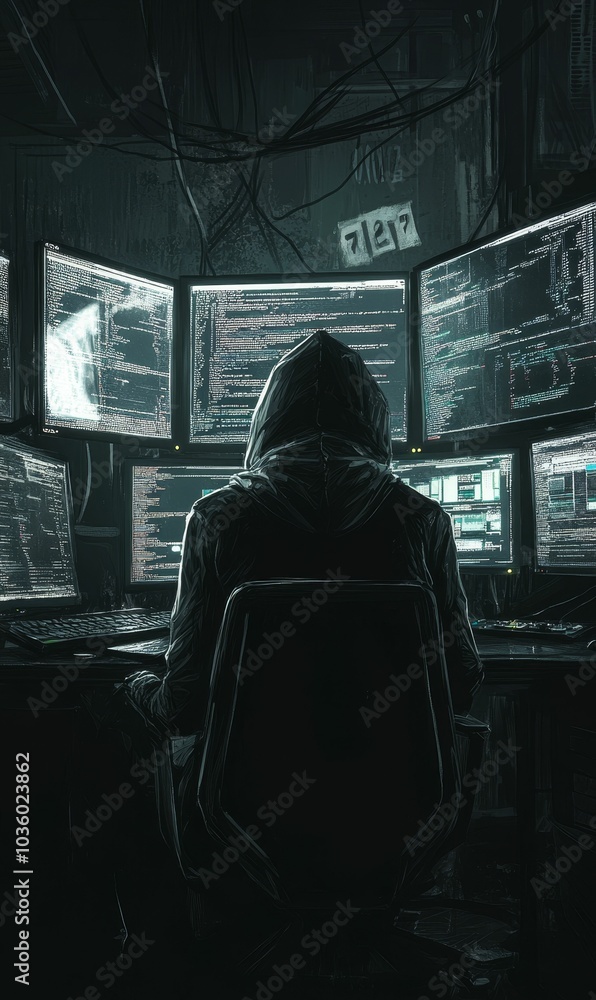 Hooded figure sitting at a computer with multiple screens. Hooded figure sitting at a computer with multiple screens.