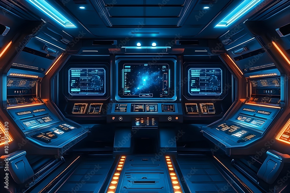 Futuristic Space Flight Simulator Room with Holographic Displays and Advanced Control Panels Futuristic Space Flight Simulator Room with Holographic Displays and Advanced Control Panels