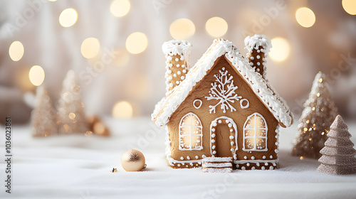 Christmas gingerbread house decoration on white background of defocused golden lights. Hand decorated.