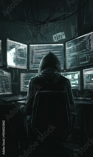 Hooded figure sitting at a computer with multiple screens.