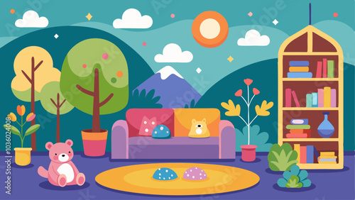 The childrens section is decorated with colorful murals and a cozy reading nook filled with plush pillows.