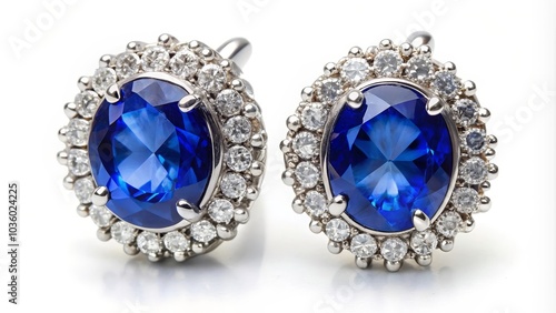 Two sapphire and diamond earrings are laying on a white reflective surface