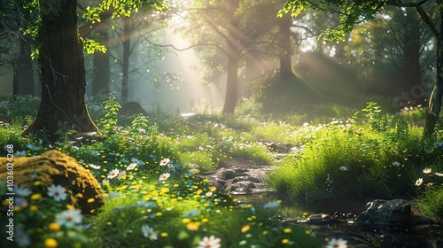 Peaceful forest glade with dappled sunlight, wildflowers, and a quiet stream