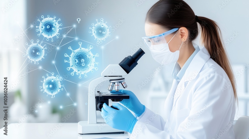 Dedicated virologist is analyzing viral particles under microscope, showcasing intricate details of her research. scene highlights importance of scientific exploration in understanding viruses Dedicated virologist is analyzing viral particles under microscope, showcasing intricate details of her research. scene highlights importance of scientific exploration in understanding viruses