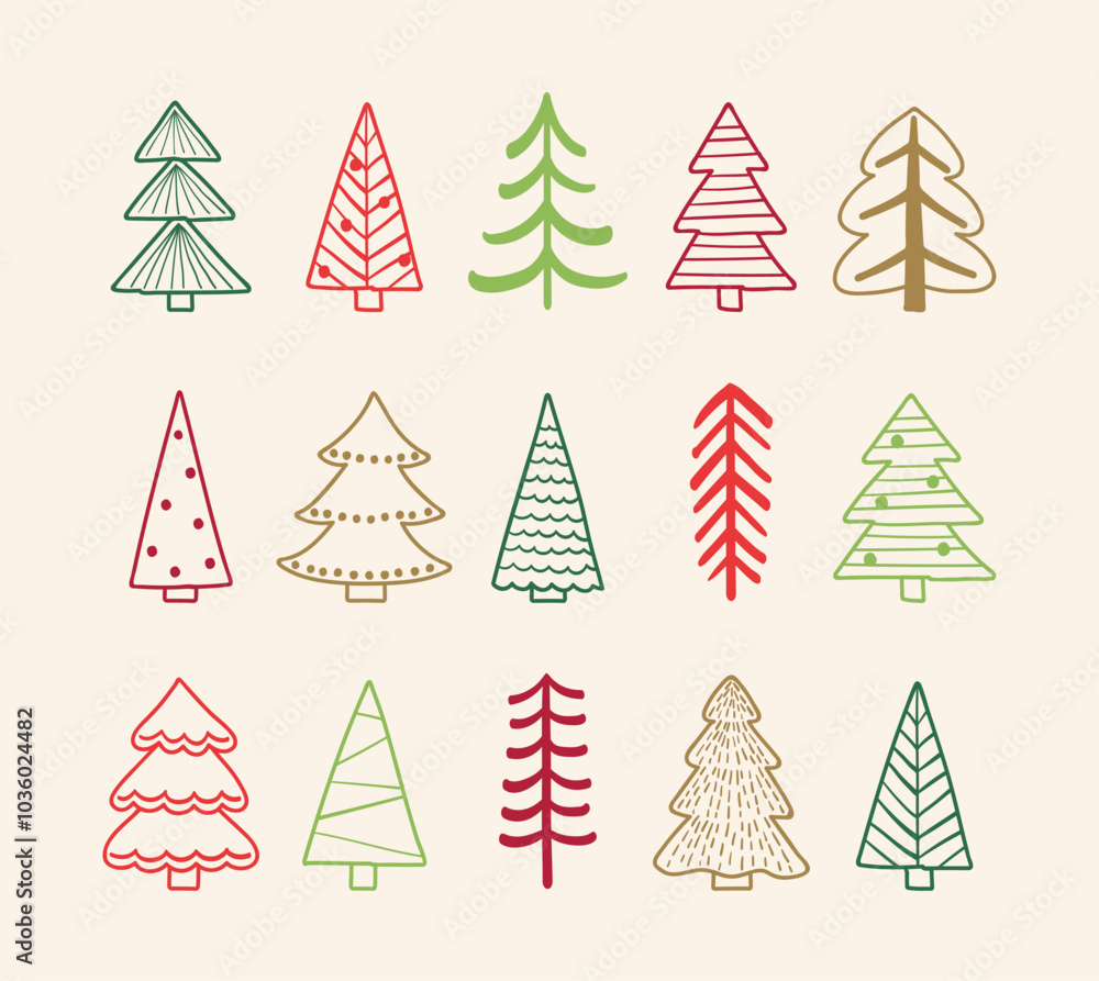 Obraz premium Colourful Christmas tree collection. Holiday ornaments. Vector illustration