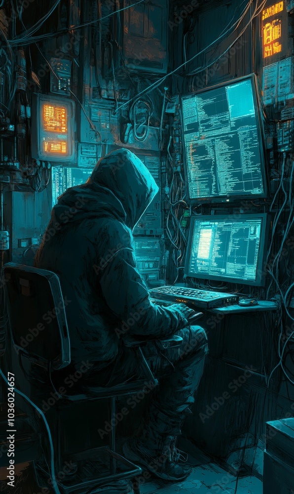 Hooded figure working on computers in a dark room. Hooded figure working on computers in a dark room.
