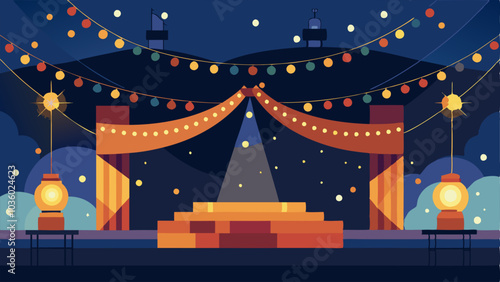 String lights are hung above the stage creating a warm and magical atmosphere during evening performances.