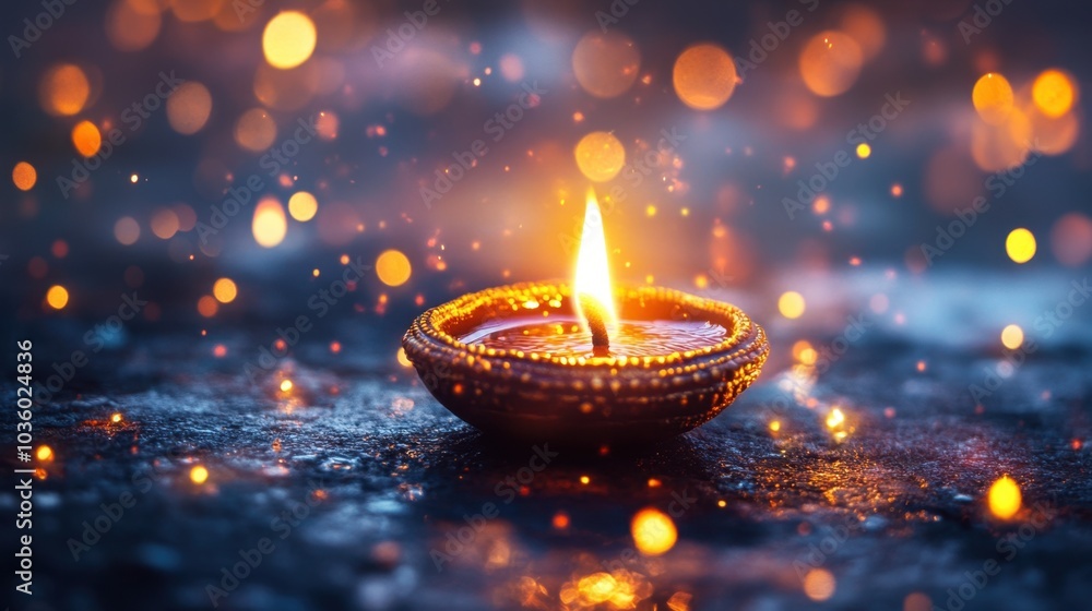 A beautiful clay diya flickering in the darkness, surrounded by shimmering lights during a festive evening celebration A beautiful clay diya flickering in the darkness, surrounded by shimmering lights during a festive evening celebration