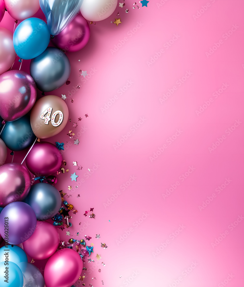 40 birthday, anniversary, party invitation, festive arrangement; pink card background; colourful balloons isolated over optimistic pink backdrop 40 birthday, anniversary, party invitation, festive arrangement; pink card background; colourful balloons isolated over optimistic pink backdrop