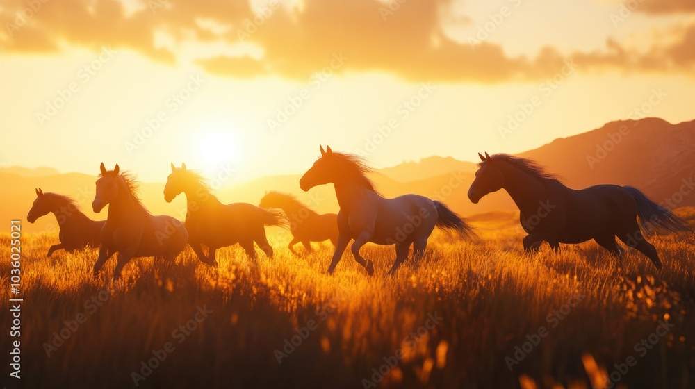 Wild horses running at sunset Wild horses running at sunset
