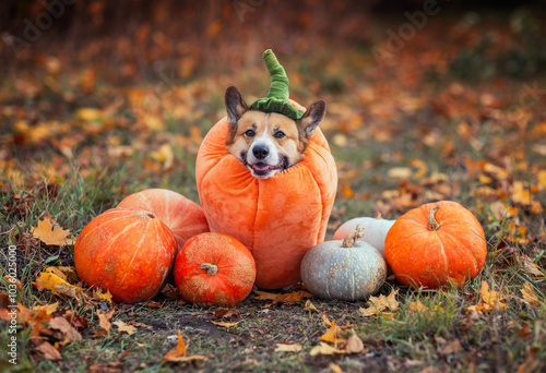 funny corgi dog in pumpkin costume sitting among orange vegetables in autumn ...