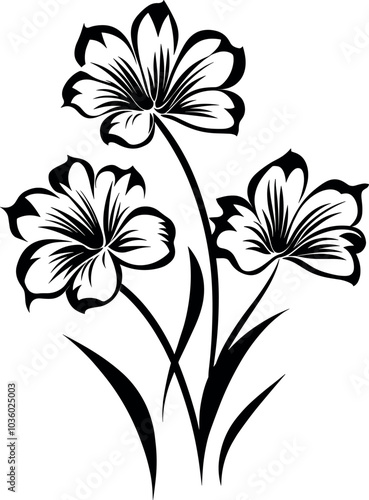 Black isolated flower silhouette. Vector black flower in vintage style on a white background. Floral tattoo vector design.