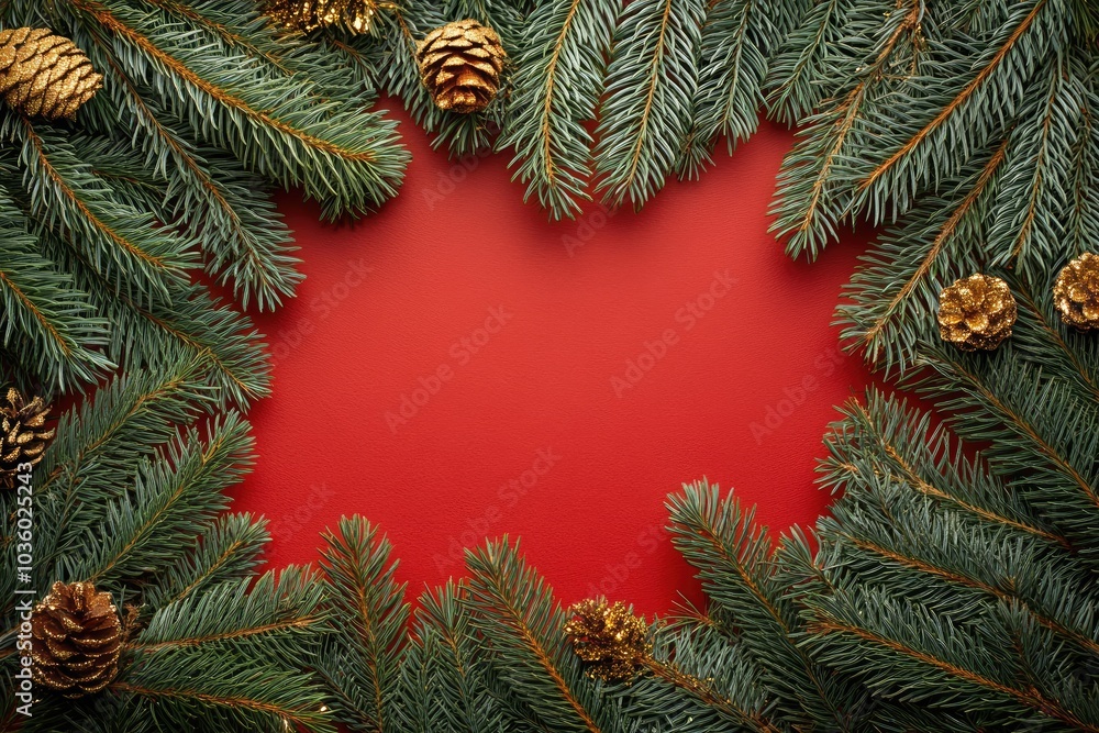 Festive Holiday Frame with Pine Branches and Gold Pinecones on Red Background Festive Holiday Frame with Pine Branches and Gold Pinecones on Red Background