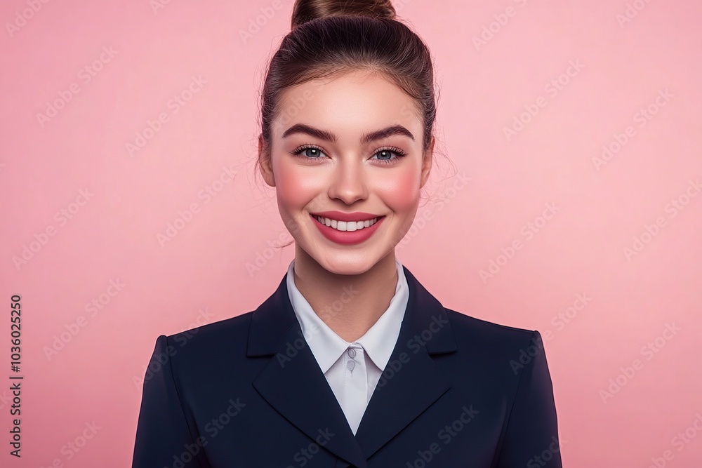 Airplane stewardess in uniform on pink background Airplane stewardess in uniform on pink background