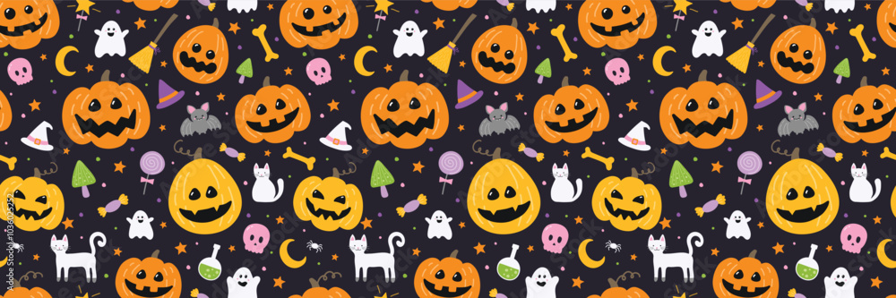 Halloween background with cute icons. Seamless pattern concept. Vector illustration Halloween background with cute icons. Seamless pattern concept. Vector illustration