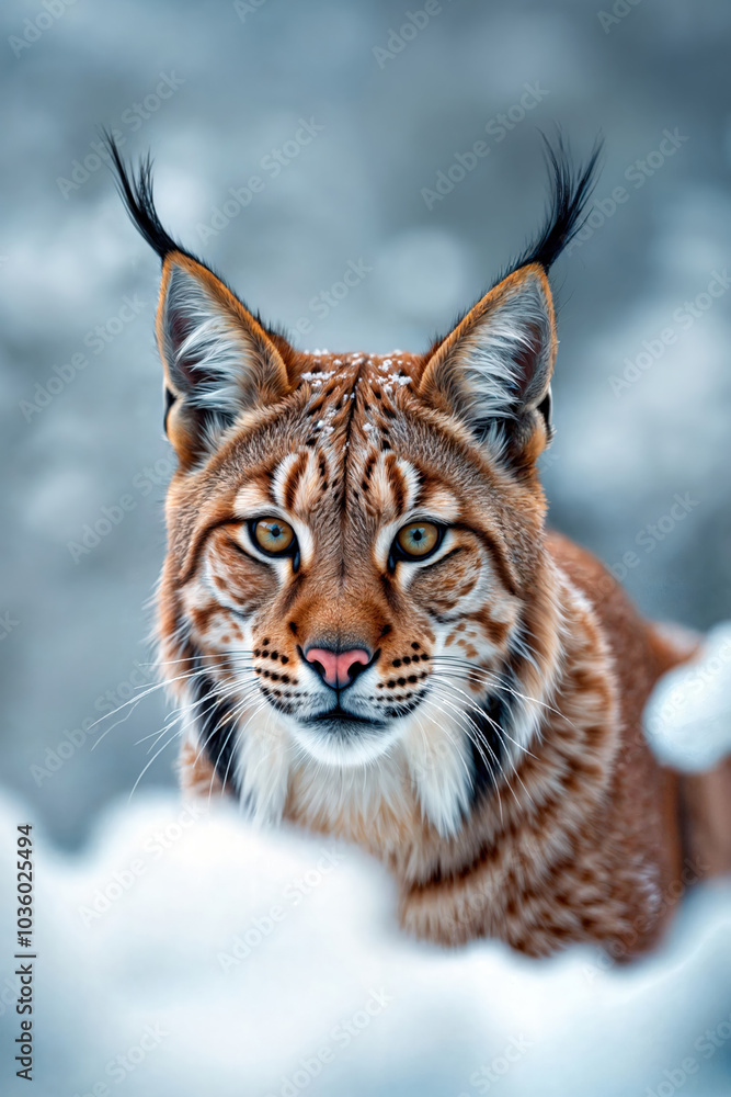 Obraz premium Close-up portrait of a lynx against a snowy background. Ideal for wild animal-themed advertising, nature projects, and environmental awareness campaigns.