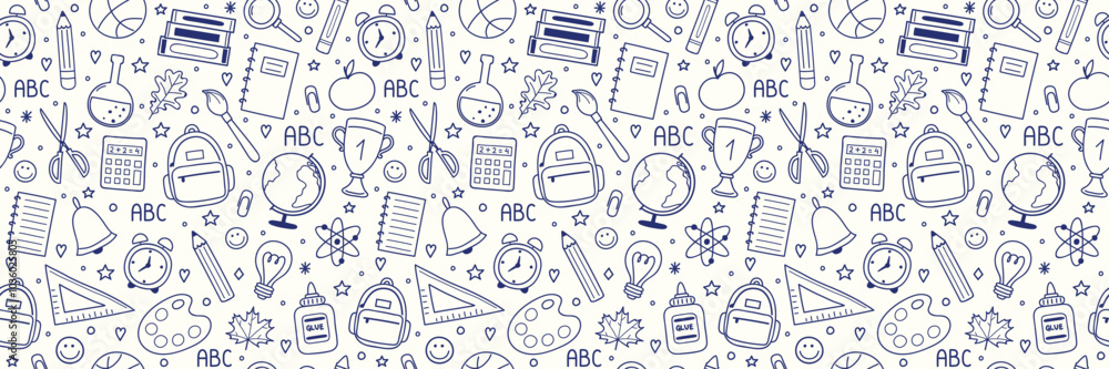 School background with hand drawn icons. Seamless pattern. Banner. Vector illustration School background with hand drawn icons. Seamless pattern. Banner. Vector illustration