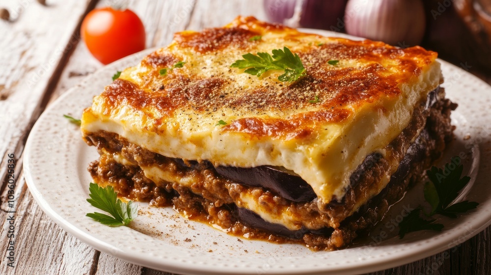 A delightful platter of Greek moussaka, layers of eggplant, minced meat A delightful platter of Greek moussaka, layers of eggplant, minced meat