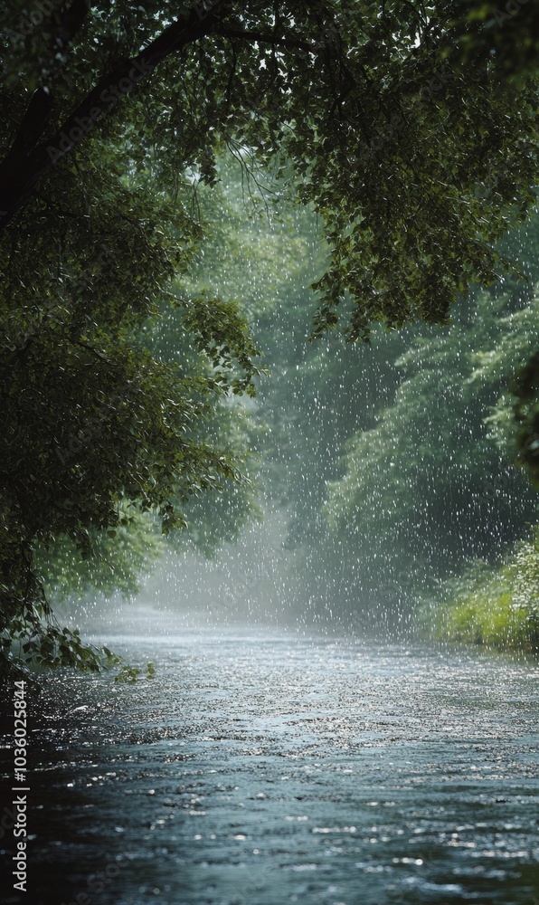Rain falling on a river through trees. Rain falling on a river through trees.