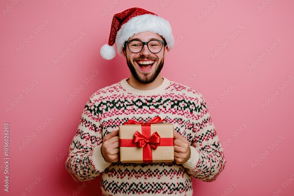 Handsome young man in knitted christmas sweater and santa hat holding in hands gift box Handsome young man in knitted christmas sweater and santa hat holding in hands gift box