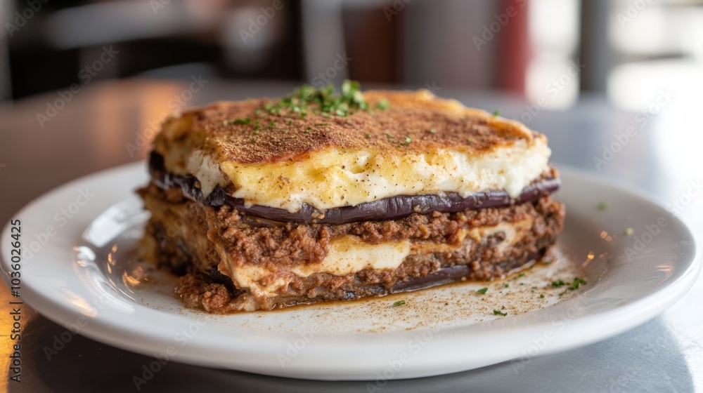 A delightful platter of Greek moussaka, layers of eggplant, minced meat A delightful platter of Greek moussaka, layers of eggplant, minced meat