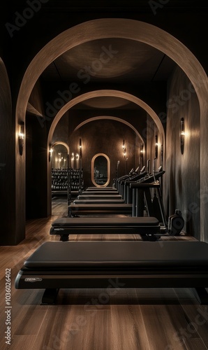 Modern gym with arched ceiling and exercise equipment. photo